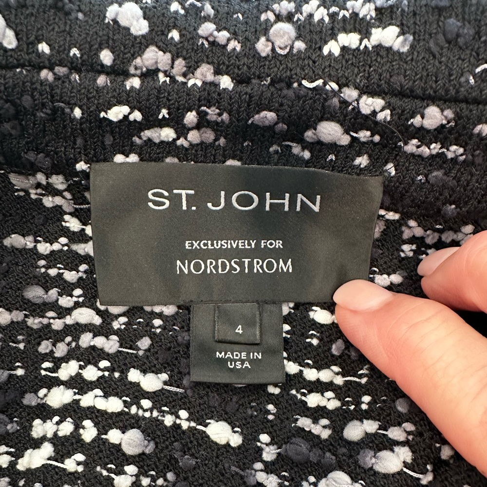 St John black/white, knee length, jacket buttons, dress is sz 8, jacket sz 4.